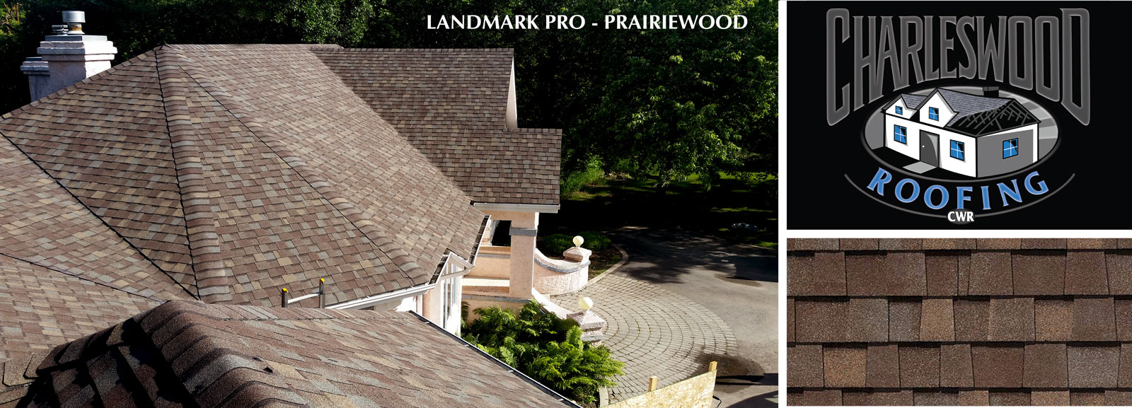 Aerial view of residential roof with Landmark Pro Prairiewood shingles installed by Charleswood Roofing